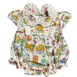 ALLISON ANN Vintage Baby Jumper One Piece Eyelet Cat Garden Print